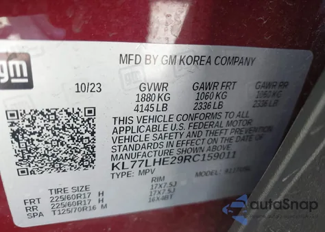 2024 Chevrolet Trax Fwd Lt из США, поврежденный, VIN KL77LHE29RC159011